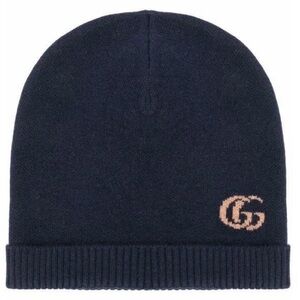 NEW GUCCI NAVY BLUE GG JACQUARD DOUBLE G LOGO CASHMERE BEANIE HAT 58/M